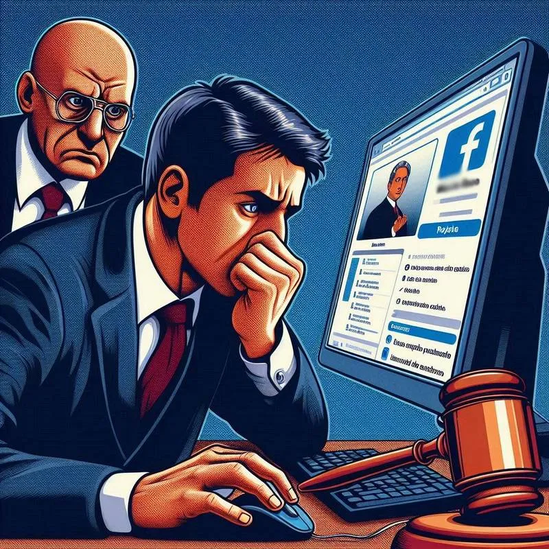 Um usuário de redes sociais frustrado olhando para a tela de um computador, com o perfil ou canal derrubado na tela. Ao lado, um advogado da Márcio Rosa Sociedade de Advogados oferece suporte e orientação jurídica. A imagem transmite a ideia de proteção e solução para problemas online